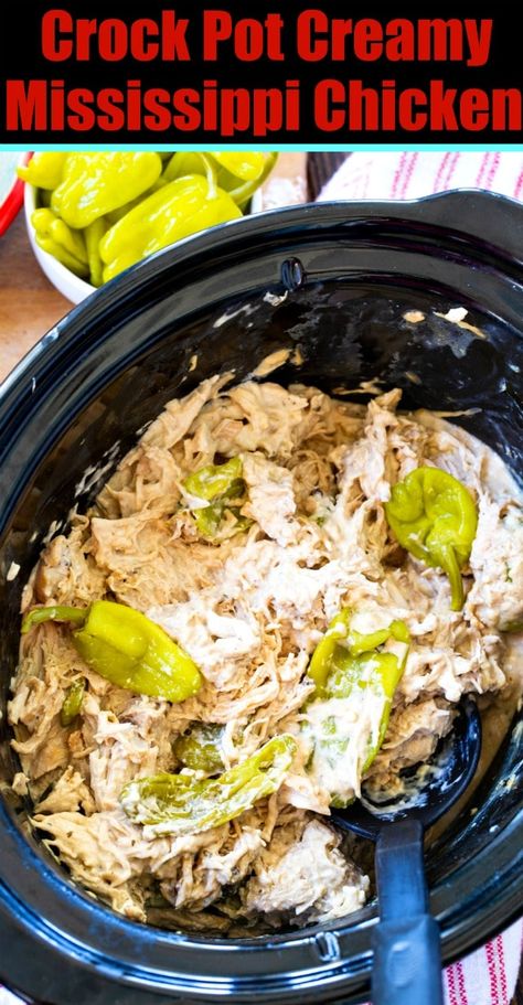 Mississippi Chicken, Pepperoncini Peppers, Pepperocini Recipes, Crockpot Recipes Slow Cooker, Chicken Crockpot Recipes, Spicy Chicken, Creamy Sauce, Crockpot Chicken, Shredded Chicken