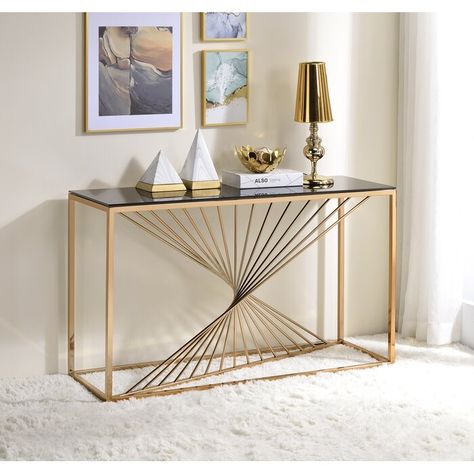 Everly Quinn Cosmos 47.25" Console Table | Wayfair Gold Console Table Decor, Entrance Tables, Glass Top Console Table, Narrow Entryway Table, Steel Console Table, Gold Console Table, Console Table Styling, Console Table Design, Console Table Decorating