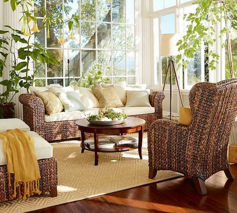 Pottery Barn Seagrass Sofa, Lamp Pottery, Sunroom Furniture, Sun Rooms, Sunroom Ideas, Wicker Bedroom, Wingback Armchair, Wicker Decor, Artwork For Living Room