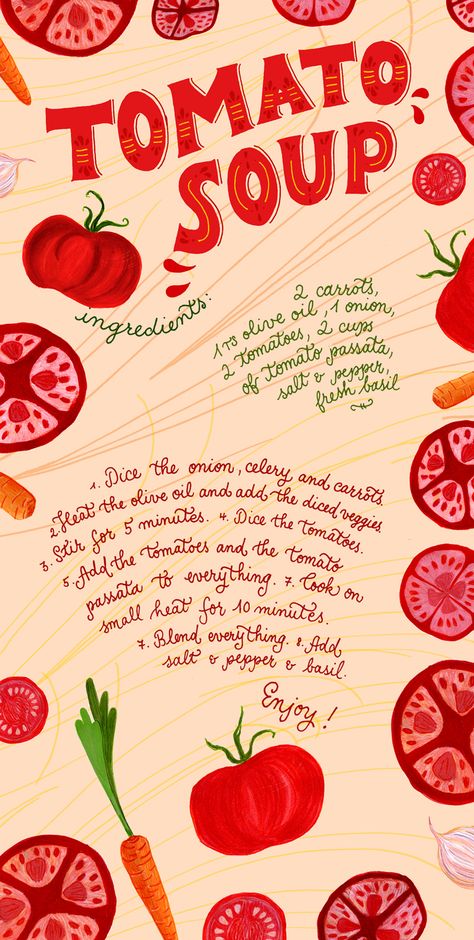 Tomato Soup Illustration, Delicious Tomato Soup, Recipe Graphic, Tomato Festival, Illustrated Recipe, Chicken Illustration, Cookbook Design, Recipe Drawing, Cooking Tomatoes