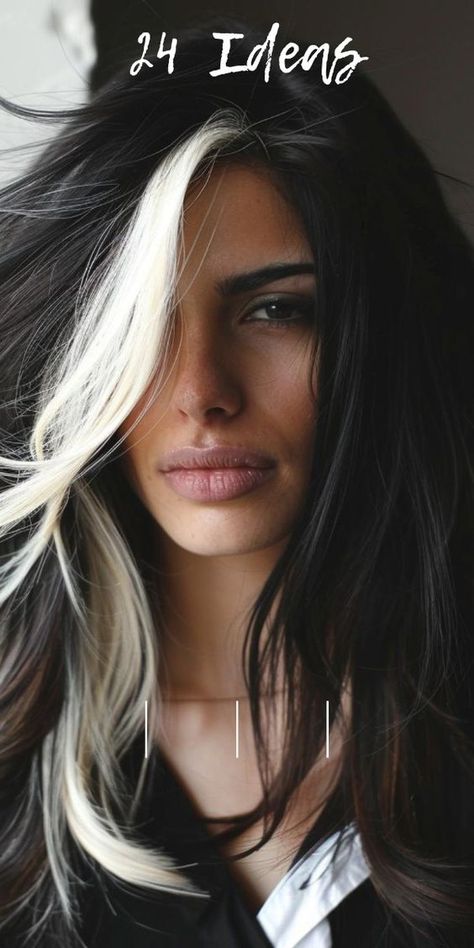 Black And Blonde Hair Ideas With Bangs, Hair For 2024 Women, Silver Streaks In Brown Hair, Long Black And Blonde Hair, Hair Bleaching Ideas, Alternative Hair Color Ideas For Brunettes, Black Hair With Front Highlights, Platinum Streaks In Dark Hair, White Streaks In Brown Hair