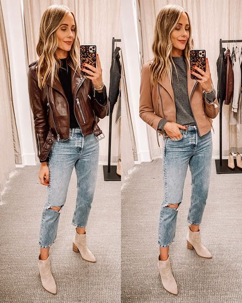 Booties Outfit Fall, Brown Leather Jacket Outfit, Womens Leather Jacket Outfit, Camel Leather Jacket, Suede Jacket Outfit, Moto Jacket Outfit, Jacket Outfit Women, Tan Leather Jackets, Mom Jeans Outfit