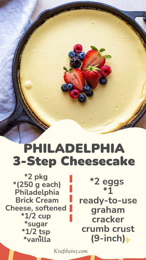 Image of a PHILADELPHIA 3-Step Cheesecake in a graham cracker crumb crust, freshly baked and ready to be chilled, presented on a dessert plate. Philadelphia Cream Cheese Cheesecake Recipe, Philadelphia Cream Cheese Cheesecake, Freezing Cheesecake, Graham Pie, Cream Cheese Cheesecake, Cheesecake Recipes Philadelphia, Philadelphia Cheesecake, No Bake Cheesecake Filling, Crumb Crust