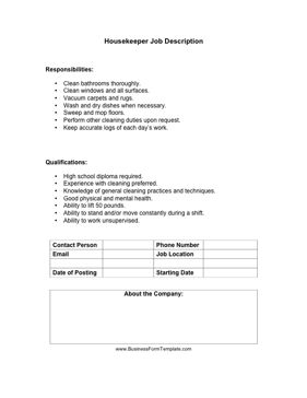 Perfect for hotels, bed-and-breakfasts and private residences, this housekeeper job description covers the basic requirements for housekeeping and cleaning. Free to download and print Sign Up Sheets, Job Description Template, Accounting Jobs, Driver Job, Store Manager, Jobs For Teachers, Business Letter, People Skills, Graphic Design Company