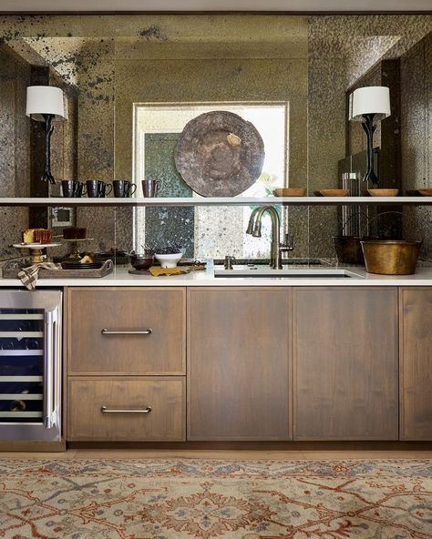 This antique mirror backsplash adds such charm and character to this scullery kitchen. Antique Glass Backsplash, Antique Mirror Backsplash Kitchen, Antique Mirror Backsplash Bar, Mirrored Backsplash Kitchen, Mirror Backsplash Bar, Mirrored Kitchen Backsplash, Antiqued Mirror Backsplash, Mirror Kitchen Backsplash, Mirror Backsplash Kitchen