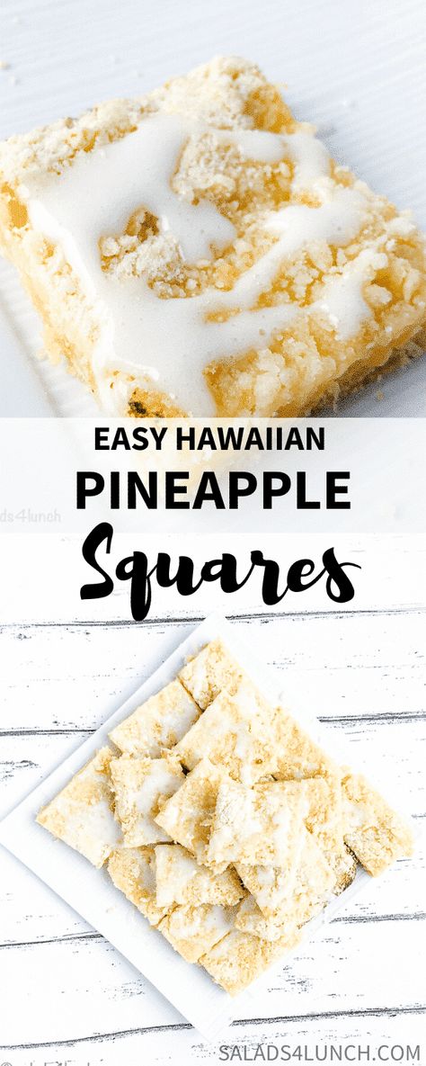 Easy Hawaiian Pineapple Squares, simple yet delicious, a treat for everyone.  A shortbread base with a delicious pineapple topping! #pineapplesquares #hawiian #pineappledessert #pineapplerecipe Hawaiian Brownies, Pineapple Squares Recipe, Hawaiian Themed Desserts, Recipe With Pineapple Chunks, Luau Desserts, Hawaii Desserts, Pineapple Topping, Hawaiian Dessert, Hawaiian Cookies