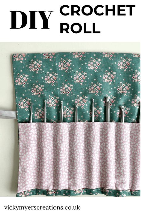 Learn how to quickly sew up a DIY crochet hook roll. This easy crochet hook roll pattern is made from two fat quarters, it is perfect for storing crochet hooks, or paint brushes, or makeup brushes! It is quick to make and makes great last minute gift. Click through for written and video tutorial #fatquarter #DIYgift Diy Crochet Needle Holder, Sew Crochet Hook Holder, Diy Crochet Hook Holder, Fabric Crochet Hook Case Free Pattern, Crochet Hook Case Free Pattern Sewing, Crochet Hook Case Sewing Pattern, Diy Crochet Hook Case, Crochet Hook Case Free Pattern, Crochet Hooks Case