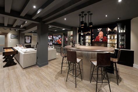 Sports Fan Dream Basement in Northern Virginia - Transitional - Basement - DC Metro - by Metro Building and Remodeling Group LLC | Houzz Basement Ideas For Entertaining, Dream Basement Game Room, Sports Basement Ideas, Big Basement Ideas, Basement With Bar, Big Basement, Fun Basement, Basement Entertainment, Transitional Basement