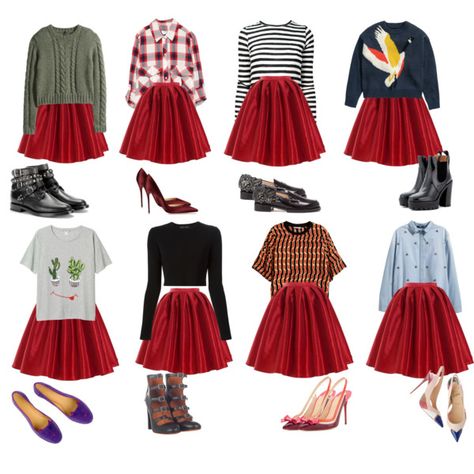 Red Skirt Outfit Casual, Styling Red Skirt, Faldas Rojas Outfit, How To Style Red Skirt, Red Skirt Outfit, Red Skirt Outfits, 50s Outfits, Skirt Inspiration, Look Formal