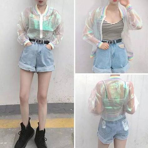 Halo Rainbow Jacket Transparent Coat, Transparent Jacket, Cute Sweatpants, Clothing Reference, Basic Jackets, Womens Casual, Zipper Jacket, Baseball Jacket, Women's Summer Fashion