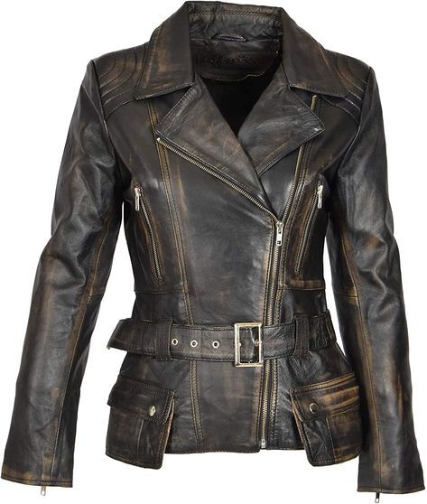 PRICES MAY VARY. It has Two zipper pockets and viscose lining inside for comfortable fitting. NEVER OUT OF FASHION - Brilliant design, professional cut of moto jacket women and premium stitching throughout, Stand collar with a button looks cool and cute. Basic but stylish. This black leather jackets for women is perfectly crafted by professionals to give you a long-lasting style experience; making it a perfect gift for your loved once. Kindly look at the size chart in the images section to make Fitted Biker Jacket, Motorcycle Jacket Women, Distressed Leather Jacket, Womens Black Leather Jacket, Biker Leather Jacket, Retro Jacket, Lambskin Leather Jacket, Real Leather Jacket, Vintage Leather Jacket