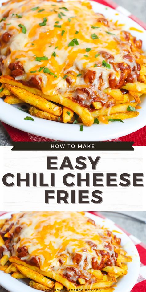 Easy Chili Cheese Fries – This dish is made with baked frozen French fries seasoned with seasoning salt and topped with chili sauce and chili beans Then it is topped with shredded cheese before being placed under the broiler to melt the cheese! Garnish with parsley and enjoy! Great with homemade ranch dressing! Recipes With Less Ingredients, Frozen French Fry Recipes, Chill Cheese Fries Recipes, French Fry Dinner Ideas, Recipes To Make For Boyfriend, Loaded Chili Cheese Fries, Chill Cheese Fries, Frozen French Fries Recipes, French Fries Ideas