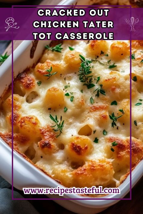 This Cracked Out Chicken Tater Tot Casserole combines tender chicken, creamy ranch flavor, crispy bacon, and cheesy goodness, all topped with golden tater tots. It’s an easy, comforting dish perfect for family dinners or potlucks! Chicken Caseroles, Tater Tot Casseroles, Cracked Out Chicken, Best Tater Tot Casserole, Chicken Tater Tot Casserole, Cracked Out, Tater Tot Recipes, Tater Tot Casserole Recipes, Creamy Ranch