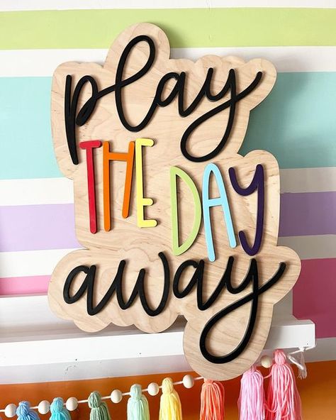 Mama Roe Designs Nursery Decor on Instagram: "Let’s Play the Day Away!" Playroom Wood Signs, Playroom Signs Diy, Playroom Sign Ideas, Playroom Neon Sign, Playroom Signs Wall Decor, Playroom Paint Ideas, Nursery Wood Signs, Colorful Playroom Ideas, Playroom Paint Colors