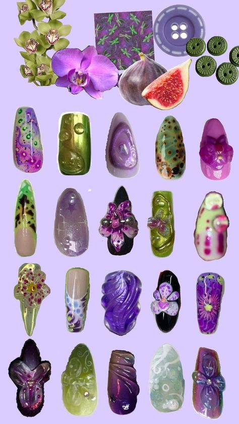 latest obsessions (purple and green) Emerald And Purple Nails, Purple Green Black Nails, Green And Purple Nails Ideas, Forest Fairy Nails, Purple And Green Nails Design, Purple Jewelry Aesthetic, Purple Nails Flower, Green Purple Nails, Green Purple Aesthetic