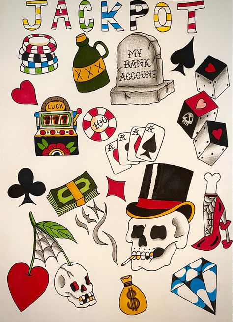 Traditional Poker Tattoo, Vegas Theme Tattoo, Jackpot Tattoo, Las Vegas Tattoo Ideas, Slot Machine Tattoo, Chip Tattoo, Casino Art, Vintage Slot Machines, Skull Dice