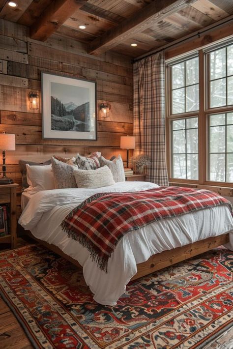 Lodge Decor Rustic Master Bedrooms, Rustic Cabin Ideas Interiors, American Cabin Interior, Cabana Bedroom Ideas, Mountain Cabin Bedroom Decor, Mountain Aesthetic Home Decor, Cozy Cabin Decorating Ideas, Minimalist Cabin Interior, Cabin Bedding Ideas