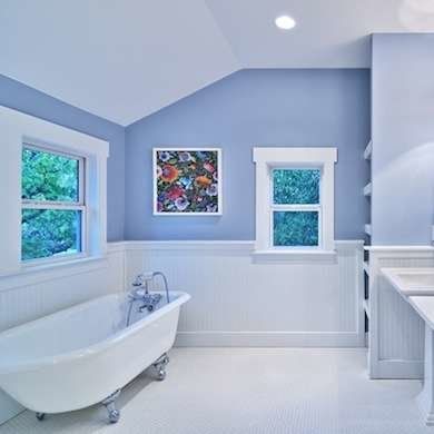 Blue Bathroom Cornflower Blue Bathroom, Bathroom Colors Blue, Tub Paint, Best Bathroom Paint Colors, All White Bathroom, Yellow Paint Colors, Bathroom Paint, Bathroom Paint Colors, New Toilet