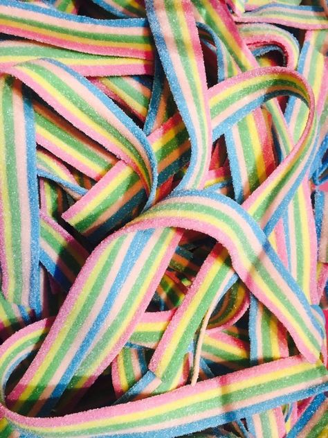 Rainbow Strips Fruit Flavour Fizzy Belts are delicious strips of extremely sour multi coloured candy that will definitely make your mouth water. So, if you love sour candy, then these Rainbow Strips are the ones for you. Free UK delivery. Sour Belts Aesthetic, Rainbow Belts Candy, Candy Aethstetic, Sour Candy Aesthetic, Sour Strips, Sour Sweets, Aesthetic Candy, Sour Candies, Candy Sour