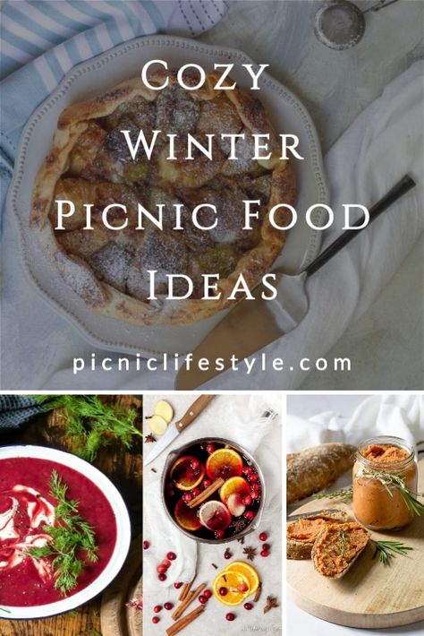 These cozy winter picnic food ideas will inspire you to pack the picnic basket and hit the great outdoors no matter the weather. From winter warming picnic soups to seasonal salads and picnic sandwiches. Winter Bonfire Food, Outdoor Winter Picnic, Indoor Winter Picnic Ideas, Picnic Hamper Ideas, Hot Picnic Food, Cold Weather Picnic Food, Outdoor Winter Party Food Ideas, Winter Picnic Ideas Outdoors, Hot Picnic Food Ideas