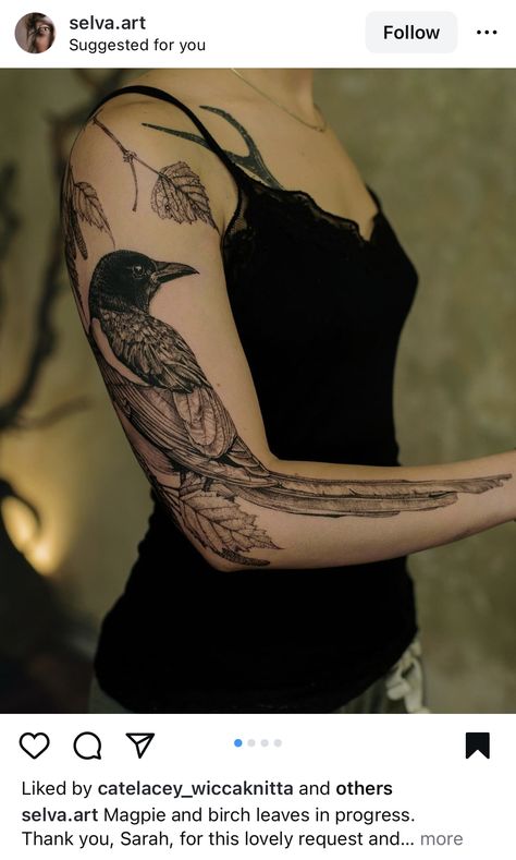 Bird Sleeve Tattoo Women, Witchy Tattoo Sleeve, Bird Sleeve Tattoo, Sleeve Tattoo Women, Plus Size Tattoos, Magpie Tattoo, Secret Tattoo, Bohemian Tattoo, Twin Tattoos