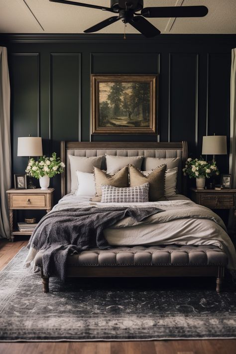 40+ Moody Romantic Bedroom Ideas To Unwind In Moody Bedroom Upholstered Bed, Primary Bedroom Dark Walls, Statement Wall In Bedroom, Scottish Inspired Bedroom, King Size Bed Bedding Ideas, Moody Bedding Bedroom, Paneled Accent Wall Bedroom, Moody Academia Bedroom, Moody Modern Decor