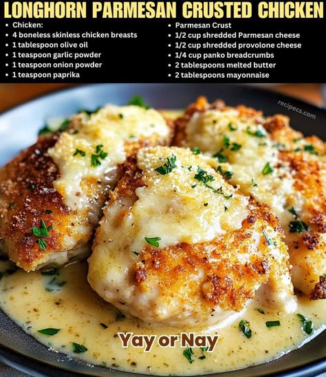 Parmesan Chicken Longhorn Copycat, Lemon Pecorino Crusted Chicken, Outback Parmesan Crusted Chicken, Parmesan Cheese Chicken, Cheesecake Factory Parmesan Herb Chicken, Recipes For Dinner Fancy, Chicken Crusted Parmesan, Parmesan Crusted Chicken And Pasta, Copycat Longhorn Chicken