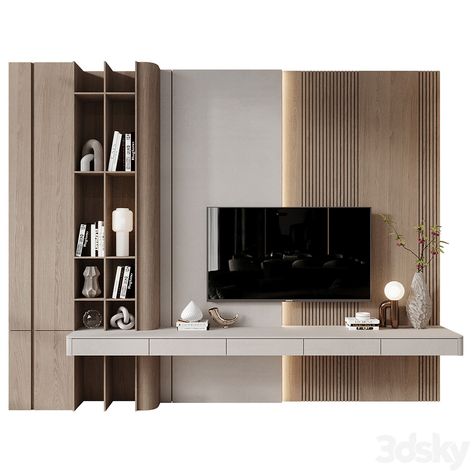 TV Shelf KTV140 - TV Wall - 3D model Modern Tv Shelf Design, Minimalistic Tv Cabinet, Wooden Wall Panels Tv Unit, Tv Backdrop Design Tv Walls, Hotel Tv Wall, Modern Tv Shelf, Tv Backdrop Design, Back Drop Tv, Japandi Tv Wall