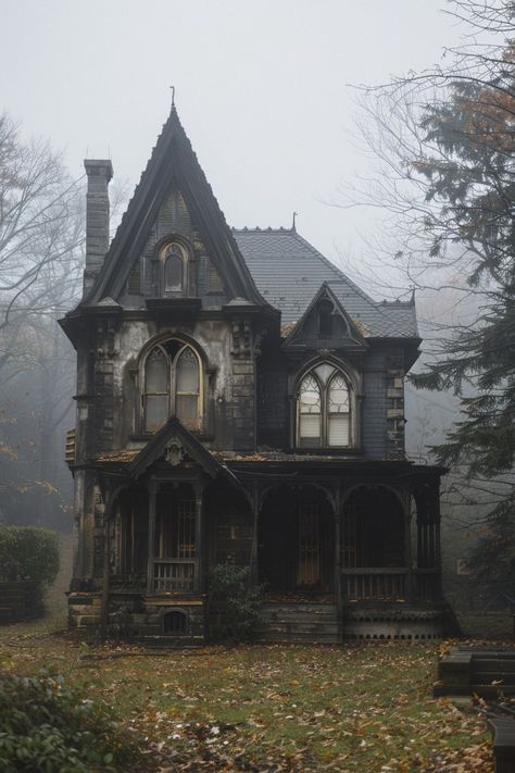 12 Gothic Farmhouse Designs That Exude Charm and Character! - My Decor Inspo Haunted Interior Design, Gothic House Blueprint, Victorian Gothic Cottage, Midwestern Gothic House, Gothic Cottage Aesthetic, Small Castle House Design, Victorian Garden House, Victorian Gothic Farmhouse, Cathedral House Exterior