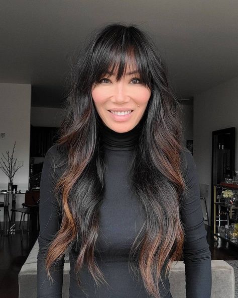 Whispy Front Bangs Long Straight Hair, Long Hair Brunette With Bangs, Bangs Dark Hair Long, Long Layer Blowout Hairstyles, Brown Bangs Black Hair, Edgy Long Haircut Straight, Dark Hair Balayage Bangs, Dark Balayage With Bangs, Long Dark Hair With Bangs Round Face