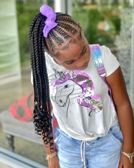 Kids Braided Ponytail With Curls, Kids Feed In Ponytail, Kid Hairstyles Black Braids, Kids Braided Hairstyles Ponytail, Hairstyles For 9 Year Girl Black, Kid Feed In Braid Styles, Cornrow Ponytail Hairstyles For Kids, Easy Braid Styles For Black Girls Kids, Kids Feed In Braids Hairstyles