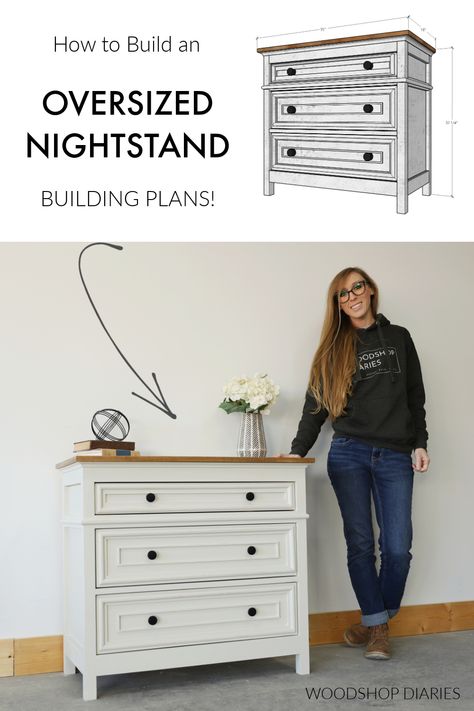 How to build a DIY oversized nightstand with 3 drawers--PRINTABLE BUILDING PLANS with video and step by step tutorial! Large Nightstand Ideas Master Bedrooms, Diy Nightstand With Drawer, Diy Nightstand Plans, Bedside Table Plans, Oversized Nightstand, Large Nightstands, Nightstand Plans, Diy Sideboard, Dresser Plans