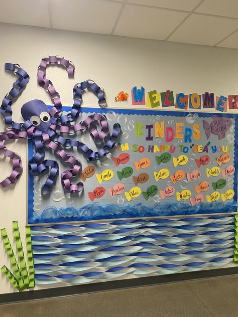 Ocean Themes Classroom, Under The Sea Boards Preschool, Classroom Decor Sea Theme, Water Theme Bulletin Board Preschool, Under The Sea Theme Preschool Decoration, Deep Sea Classroom Theme, Water Decorations Classroom, Under The Sea Preschool Decorations, Under The Sea Themed Bulletin Boards