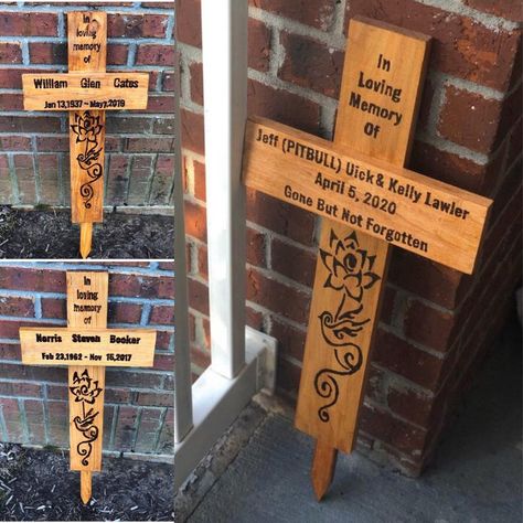 Memorial Wood Crosses Personalized Grave markers lost loved | Etsy Memorial Wooden Cross, Grave Cross Diy, Memorial Wood Burning, Diy Wood Cross Memorial, Accident Site Memorial Ideas, Memorial Crosses Wooden Diy Roadside, Wooden Memorial Ideas, Road Side Memorial Crosses, Diy Wooden Cross For Grave