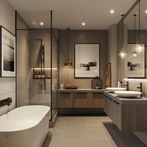 32 Inspiring Modern Bathroom Ideas For Your Ultimate Relaxation Haven - Edward George Family Bathroom Layout Plans, Modern Bathroom Design With Tub, Dream Guest Bathroom, Onsweet Bathroom, Modern Luxury Master Bath, Large Ensuite Bathroom Ideas, Luxury Master Bathrooms 2024, 2024 Master Bath Trends, Square Bathroom Ideas