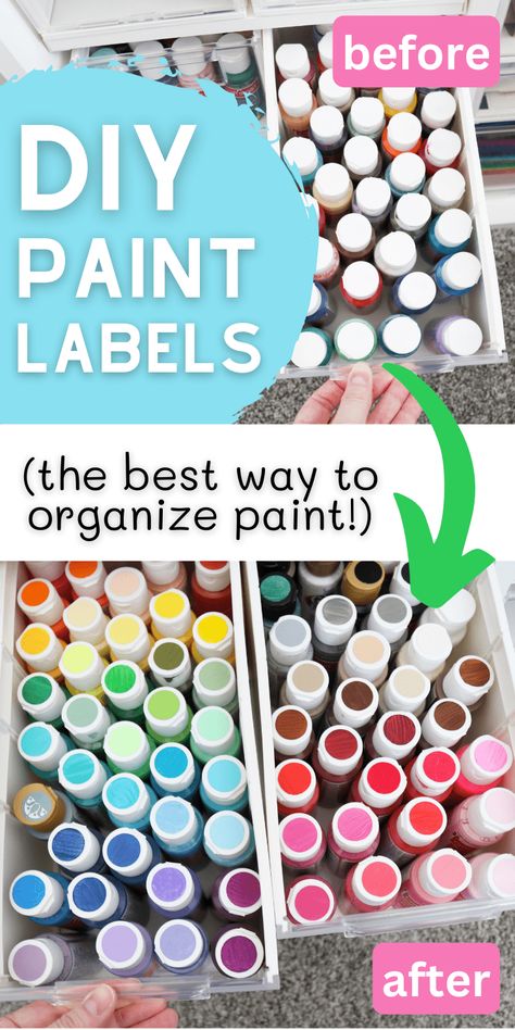 DIY paint labels to organize paint Craft Room Supplies, Painter Organization, Craft Paint Organization Easy Diy, Acrylic Paint Organization Diy, Craft Paint Storage Ideas Diy, Acrylic Paint Storage Diy, Organizing Acrylic Paint Bottles, How To Store Acrylic Paint Bottles, Paint Holder Diy Craft Rooms