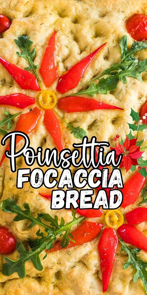 Making focaccia bread isn't difficult at all and this gorgeous poinsettia focaccia bread looks so cute. It makes a wonderful centerpiece for your holiday table and everyone will be impressed with your culinary creativity! Poinsettias are a festive flower and popular around Christmas time, but it's also fun to create this bread with a poinsettia design. Flavored subtly with rosemary, this bread is decorated with red bell peppers, cherry tomatoes and arugula, which add flavor and look good. Focaccia Bread Designs, Thanksgiving Foccia Bread, Christmas Sourdough Design, Best Focaccia Bread Recipe, Foccacia Bread Thanksgiving Art, Christmas Foccacia Art, Christmas Focaccia Bread, Thanksgiving Focaccia, Foccia Bread Art