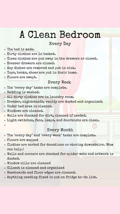 A clean bedroom #healthylifestylemotivation Clean Bedroom List, Cleaning Hacks For Bedroom, Bedroom Cleaning Checklist For Teens, Deep Clean Bedroom Checklist, Neat And Clean Bedroom, Deep Cleaning Bedroom Checklist, Bedroom Deep Clean, Cleaning Bedroom Checklist, Deep Cleaning Bedroom