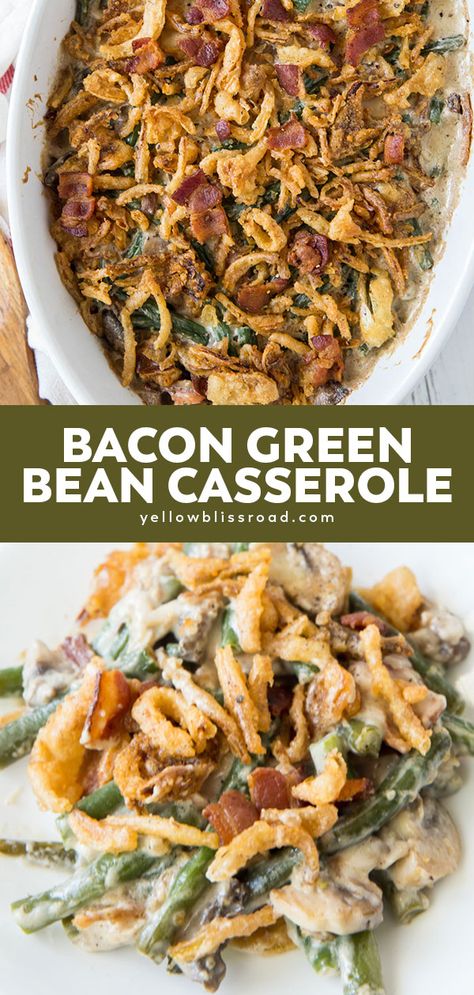 Green Bean Casserole with Bacon and Mushrooms is a salty, smoky update on the classic Thanksgiving side dish. Made with fresh green beans or canned. Green Bean Casserole With Bacon, Thanksgiving Green Bean Casserole, Green Bean Casserole Bacon, Fresh Green Bean Casserole, Green Bean Casserole Campbells, Traditional Green Bean Casserole, Casserole With Bacon, Best Green Bean Casserole, Homemade Green Bean Casserole