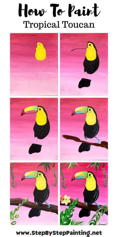 Toucan Painting Easy, Toucan Acrylic Painting, How To Draw A Toucan, Sip And Paint Ideas For Kids, Toucan Art For Kids, Paint Ideas Step By Step, Tropical Painting Ideas, Sip And Paint Ideas For Beginners, Toucan Drawing