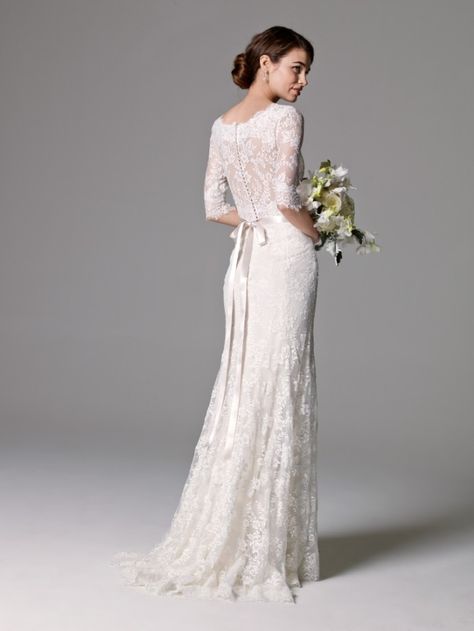 Watters Style 8017B | Lace back wedding dress with sleeves Wedding Gown With Sleeves, Sheath Bridal Gown, Watters Wedding Dress, Chic Wedding Dresses, Wedding Gowns With Sleeves, Bridal Separates, White Wedding Dress, Classic Wedding Dress, Wedding Dresses Strapless