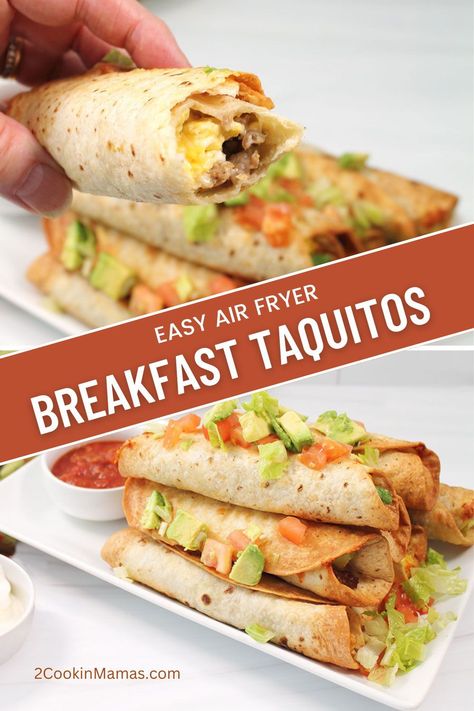 Start your day on a flavorful note with our Air Fryer Breakfast Taquitos! Enjoy the crunch of golden tortillas stuffed with savory breakfast sausage, light and airy scrambled eggs, and a whole lot of melted cheese. Quick, easy, and irresistibly delicious—these taquitos are so easy, you'll have a delicious breakfast in your hand in less than 20 minutes! #airfryertaquitos Tortilla Bowl In Air Fryer, Sausage Egg Tortilla, Breakfast Taquitos Air Fryer, Air Fryer Tostadas, Air Fryer Breakfast Ideas, Tortillas In Air Fryer, Egg Taquitos, Breakfast Ideas Air Fryer, Breakfast Fajitas