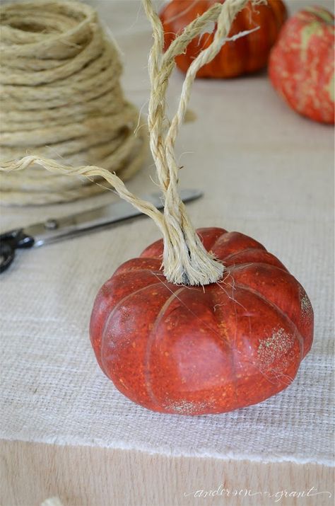 Use this tutorial to turn inexpensive plastic pumpkins into realistic looking decorations using a little paint and sisal rope!  anderson and grant Pumpkin Painting Ideas Fall, Painting Ideas Fall, Pumpkin Stems, Diy Pumpkins, Diy Pumpkin Spice, Fake Pumpkins, Pumpkin Topiary, Plastic Pumpkins, Pumpkin Painting Ideas