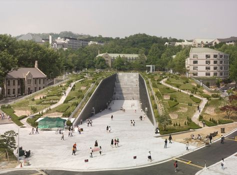 Ewha Womans University, Ramps Architecture, Landscaping A Slope, University Architecture, Urban Landscape Design, Korea Design, Plans Architecture, Landscape Architecture Design, Sky Garden