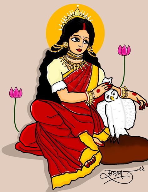 Laxmi Goddess Painting Madhubani, Laxmi Painting Art, Navdurga Drawing, Maa Laxmi Drawing, Bengali Illustration Art, Bengali Art Culture, Laxmi Painting, Laxmi Rangoli, Maa Laxmi