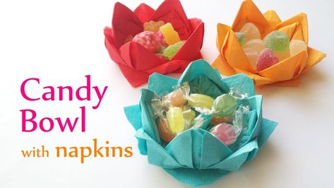 This is a fun craft idea. You can make this craft along with your kids. They will love making these pretty candy bowls. It would be cute as a birthday desserts table candy dish, kids table decoration or even bridal shower. It’s easy to make, quick and inexpensive too! Innova Crafts shows us how to … Kids Table Decorations, Diy Napkin Folding, Napkin Folding Tutorial, Elegant Table Decorations, Paper Napkin Folding, Dessert Table Birthday, Pretty Candy, Creative Napkins, Diy Napkins