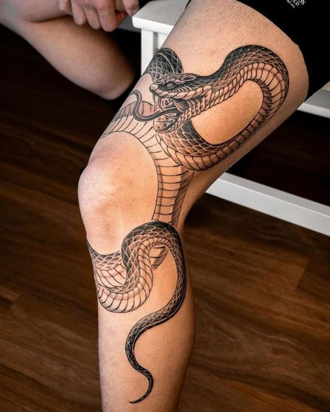 Lower Leg Tattoos, Vintage Style Tattoos, Black And White Snake, Snake Tattoos, Grunge Tattoo, Snake Tattoo Design, Intricate Tattoo, Knee Tattoo, White Snake