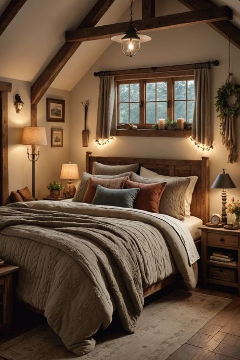 10 Fall Bedroom Ideas For A Cozy & Beautiful Space Craftsman Style Homes Interior Bedrooms, Master Bedrooms French Country, Cabin Bedding Ideas, Woodsy Interior Design, Cottage In The Woods Interior, Country Cabin Interior, Luxury Cabin Bedroom, Lodge Bedroom Ideas, Romantic Cabin Bedroom