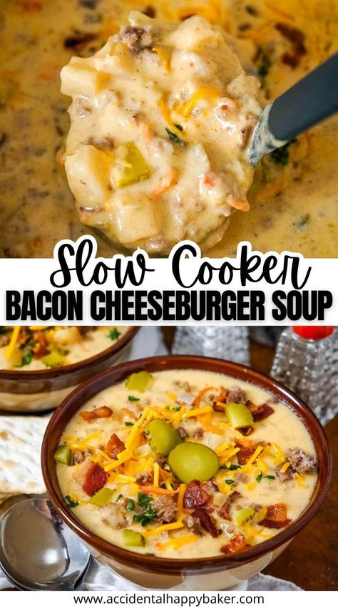 This easy cheesy Slow Cooker Bacon Cheeseburger Soup is so simple to make! Only 3 steps to a comforting and creamy soup that’s full of hamburger, bacon, cheese, and potatoes. Crowd Pleasing Soup, Cheeseburger Soup Crockpot, Cheesy Soup, Slow Cooker Bacon, Beef Potatoes, Bacon Cheeseburger Soup, Cheese Burger Soup Recipes, Bacon Soup, Hamburger Soup