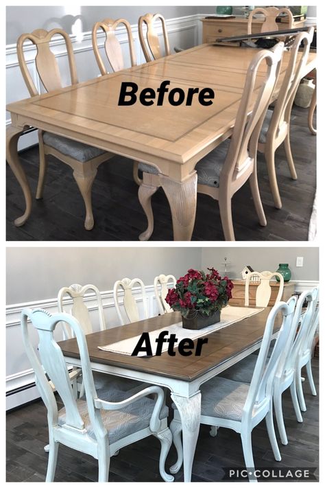 Didn’t want to get rid of my diningroom set so I decided to Chalk Paint the chairs n bottom of table and stain the top with multiple colors to get a driftwood look. Love the farmhouse look. White Chalk Paint Dining Table, Paint Dining Table, Painted Kitchen Table, Chalk Paint Dining Table, Chalk Paint Kitchen Table, Coloured Furniture, Chalk Paint Kitchen, Painted Kitchen Tables, Hobbit Hole